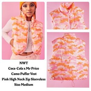 NWT Coca-Cola x‎ Mr Price Camo Puffer Vest High Neck Zip Sleeveless Size Medium